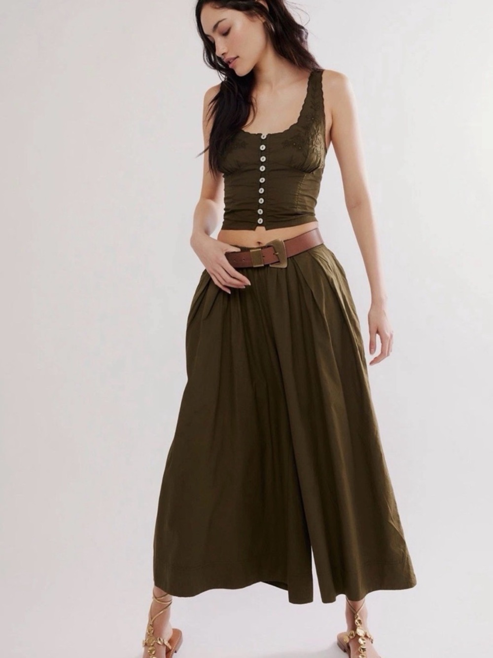 Free People Olive Green High-Waist Wide Leg Pants with Belt
